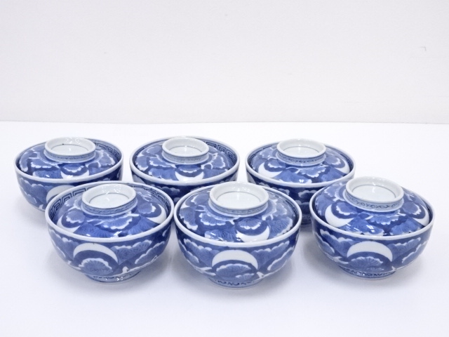 ANTIQUE JAPANESE IMARI / MEIJI ERA / LIDDED TEA BOWL SET OF 6  / BLUE & WHITE PORCELAIN